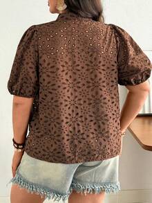 Ceyna Plus Size Women Floral Embroidery Short Petal Sleeve Single-Breasted Casual Shirt - Brown - View 2