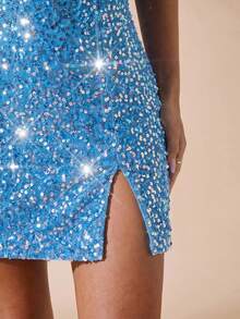 SHEIN BAE 女士黑色丝绒亮片迷你连衣裙，适合鸡尾酒会、夜店、夜间外出、正式活动、派对、万圣节、圣诞节等场合。 - 淺藍色 - 查看 5