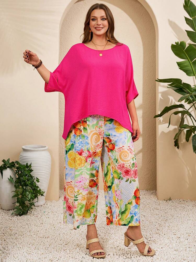 Plus Size Casual Solid Color Batwing Top And Floral Print Pants 2-Piece Set