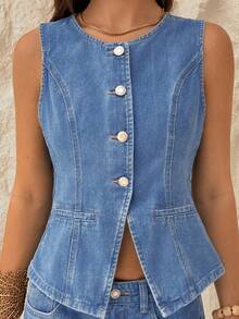 TRNVIE Women's Casual Sleeveless Single-Breasted Jacket, Suitable For Daily Commute And Vacation, Summer - Medium Wash - View 5