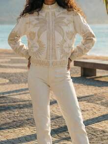 CAJUNI Toucan & Coconut Tree Embroidery Pattern Elastic Cuff Zipper Jacket - Yellow - View 4