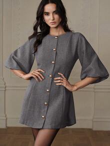BELROSIE Women's Round Neck Single-Breasted Commuting Lantern Sleeve Dress - Grey - View 5