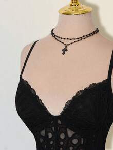 SHEIN ICON 女士修身提花蕾丝钢圈胸衣吊带背心 - 黑色 - 查看 6