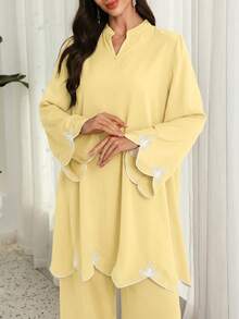 Lacomfia 女士V领刺绣宽松两件套，春夏款 - 黃色 - 查看 3