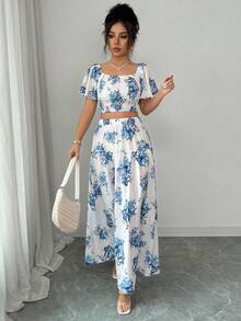 Elenzga Bộ đồ 2 món dành cho nữ mùa xuân/hè: Áo crop top cổ vuông tay bèo in hoa và chân váy chữ A cạp cao. - Xanh và trắng - Xem 5