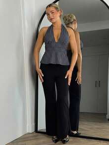 Bethéva Halter Deep V-Neck Cinched Waist A-Line Backless Striped Tank Top - Grey - View 4