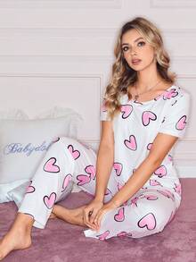 Heart Print Short Sleeve & Pants Women Pajama Set - Multicolor - View 1