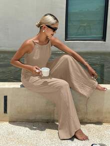 Livesso Women's Linen Style Spaghetti Strap Jumpsuit, Solid Color Vacation Cold-Shoulder Outfit Summer - Khaki - View 5