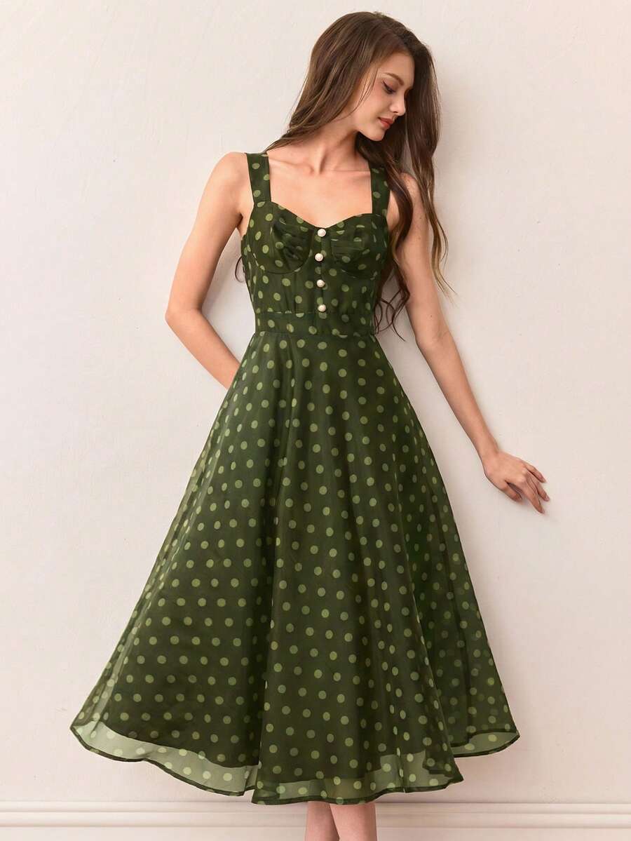 Aveloria Rosie Đầm dáng chữ A thanh lịch, lãng mạn kiểu Pháp cổ điển với chất liệu organza chấm bi, xếp ly phía trước và dây mảnh, dành cho phụ nữ. - Nhiều màu - Xem 1