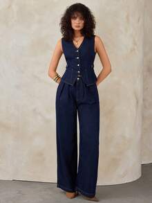 SHEIN Dark Washed Denim Fitted Vest And Wide Leg A Line Jean Set 2 Pieces Denim Sets Woman Suit Denim Outfit Women - Dark Wash - View 7