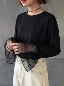 FRIFUL 女款純色圓領喇叭袖網布拼接寬鬆休閒百搭T恤，適合春秋穿著 - 黑色 - 查看 1