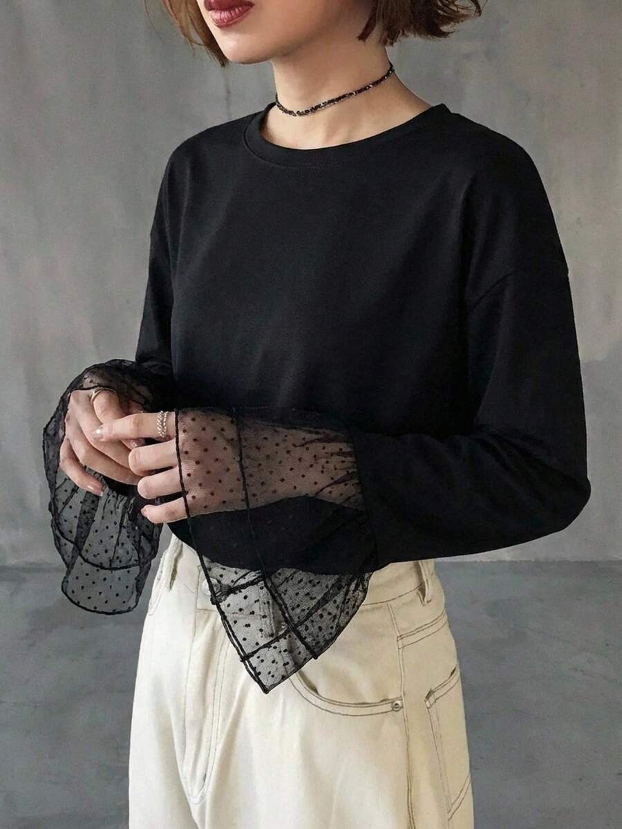 FRIFUL 女款純色圓領喇叭袖網布拼接寬鬆休閒百搭T恤,適合春秋穿著 - 黑色 - 查看 1