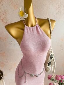Elamini Y2K Damen Frühling/Sommer Insel Strand Mode Pailletten Quasten Dekor Neckholder Rückenfreies Bodycon Strickkleid - Pink - Übersicht 3
