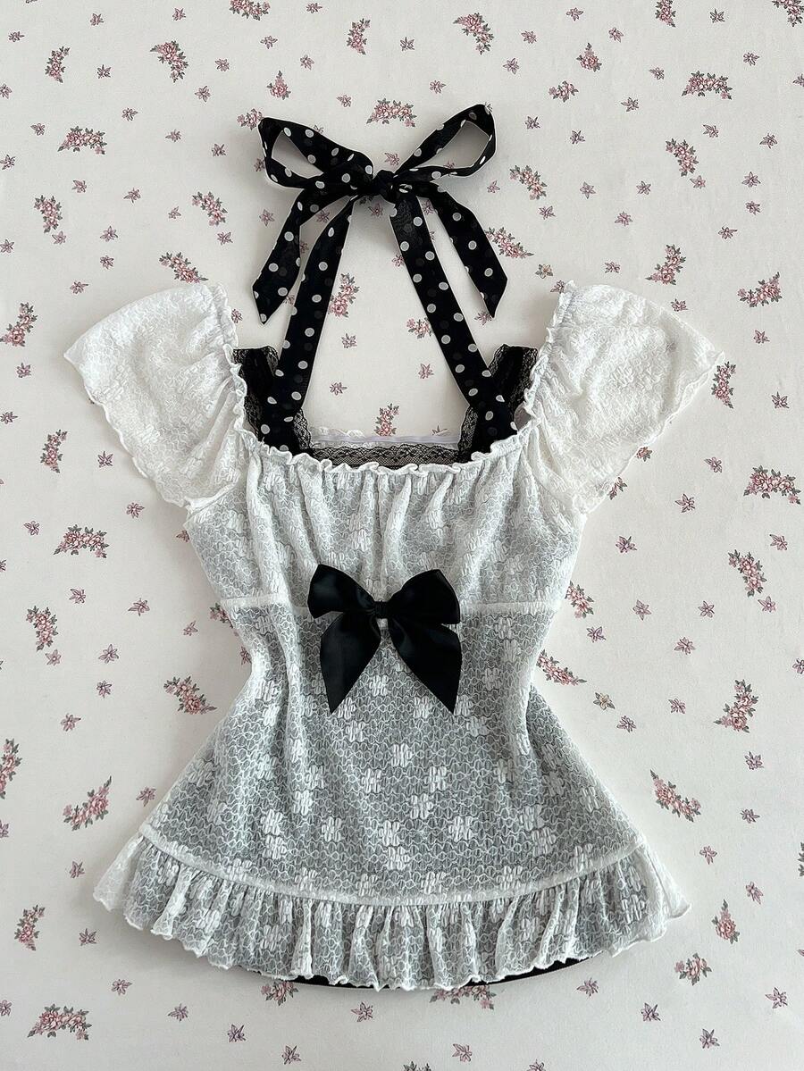 Elamini 白色蕾丝边饰黑色雪纺波点二合一喇叭袖蝴蝶结装饰修身荷叶边下摆T恤，甜美可爱浪漫复古学院风日常百搭女款春夏装 - 白色 - 查看 1