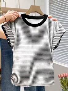 Franclia Áo thun nữ cỡ lớn in họa tiết sọc phối màu dáng rộng - Nhiều màu - Xem 4