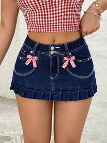 Rivivi 女士牛仔百褶迷你裙 - 深色水洗藍 - 查看 5