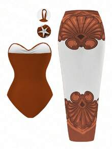 Swim Oasis Plus Size One-Piece Casual Vacation Chiffon Dress Swimsuit Set - Brown - View 2