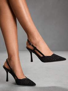 CUCCOO SZL Women's Pointed Toe High Heel Black Mesh Rhinestone Embellished Fashionable Sexy Glamorous Party Occasion Stilettos With Ankle Strap Spring Shoes - Black burst - View 7