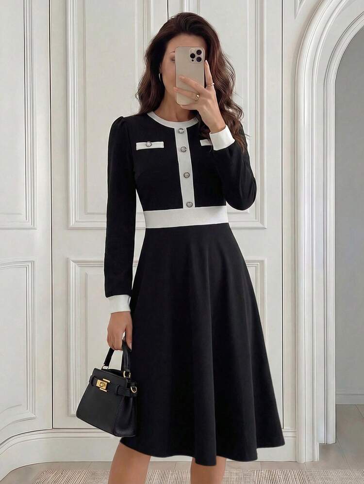 Women's Contrast Color Round Neck Long Sleeve Mid-Length Dress  Autumn Outfits For Women  Winter Dress Women  Fall Outfits For Women Fall Dresses For Women   Elegant Party Dresses Black Dress
