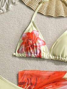 SHEIN Bộ bikini hai mảnh in hoa dành cho bé gái tuổi teen, kiểu yếm, kèm váy sarong cùng màu, thích hợp cho kỳ nghỉ biển. - Màu vàng - Xem 4