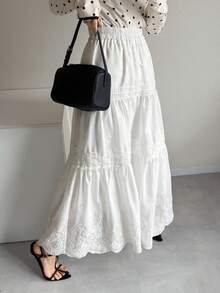 FRIFUL 女士撞色蕾丝长款喇叭裙 - 白色 - 查看 12