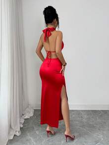 Elenzga 女士露背系带性感缎面立领连衣裙 - 紅色 - 查看 2