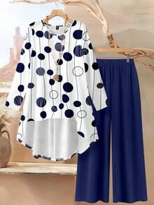 Rusticease 2pcs Casual Asymmetrical Dot Print Loose Fit Round Neck Long Sleeve Top And Wide Leg Pants Set, Navy Blue, Suitable For Vacation, Spring/Summer - Multicolor - View 1