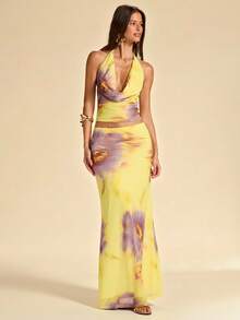 SHEIN BAE 女士印花垂领吊带背心和迷你裙两件套度假套装 - 黃色 - 查看 3