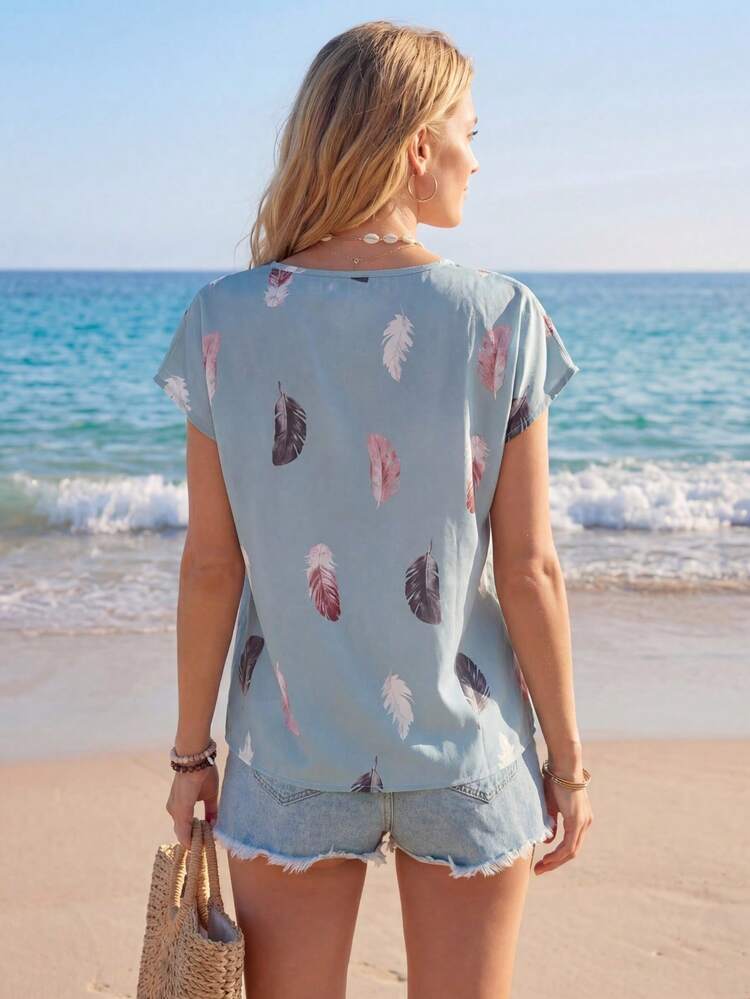 Women's Round Neck Hollow Out Short Sleeve Feather All-Over Print Loose Summer Blouse,Casual