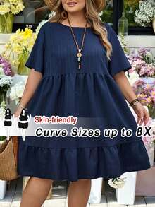 SHEIN CURVE+ Curve Size US22Music Festival, Seaside Vacation, Bohemia Vacation Casual Solid Color Short Sleeve Dress, Summer Outfits For Women, Easter Dress Women, Bohemia, Rave Outfits, Easter Outfit Curve, Country Concert Outfit, Summer Dresses - Navy Blue - View 4