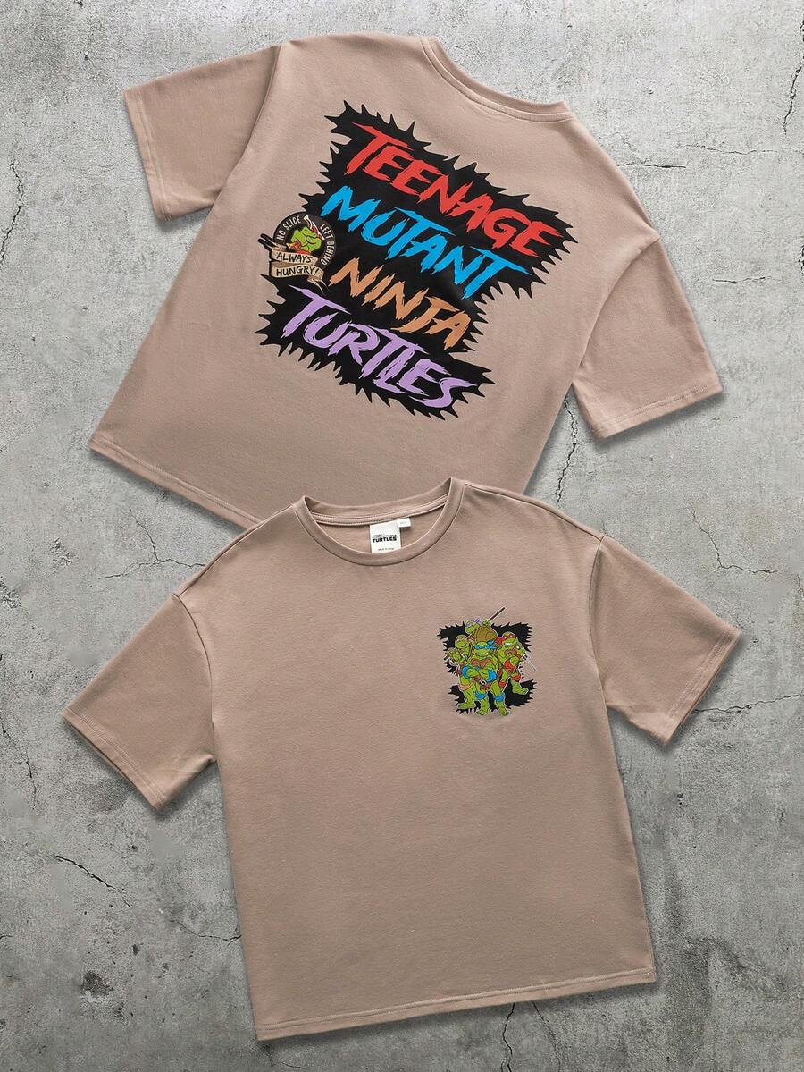 TEENAGE MUTANT NINJA TURTLES | SHEIN 男童休闲卡通字母印花短袖T恤，夏季 - 卡其色 - 查看 1