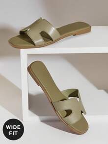 SHUZIA #WideFitQuietLuxury 女士露趾吊带镂空软垫高级仿皮精致灰褐色橄榄绿拖鞋 - 宽楦时尚舒适，易于搭配 - 橄欖綠 - 查看 7