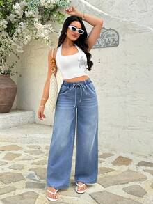 Rivivi 抽绳松紧腰休闲阔腿牛仔裤 - 淺色水洗藍 - 查看 7