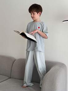DAZY Tween Boy Apple Embroidery Short Sleeve T-Shirt And Striped Pants Pajama Set - Blue - View 1