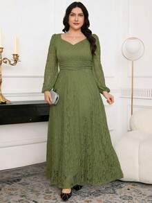 Modelyn Plus Size Elegant Party Solid Color Lace Dress Fall - Green - View 1