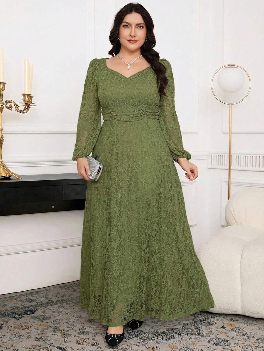 Modelyn Plus Size Elegant Party Solid Color Lace Dress Fall - Green - View 1