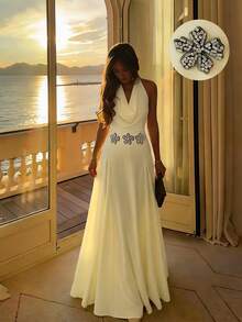 Elenzga Women's Spring/Summer Elegant Romantic Vacation Draped Neck Cinched Waist Dress, Suitable For Outings, New Year, Valentine's Day, Easter, Mother's Day, Middle Eastern Weddings, Workplace, Yellow Color - Light Yellow - View 1