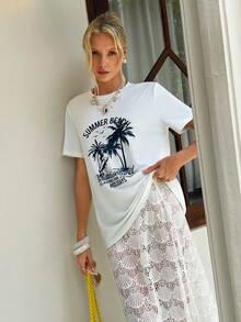 MainGRL 女士假日棕榈树字母印花短袖T恤和迷你裙两件套 - 白色 - 查看 7