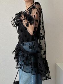 FRIFUL Cardigan Wanita Motif Bunga Berbulu dan Jala dengan Kerah Bulat dan Hem Berkerut, Lengan Panjang - Hitam - View 4