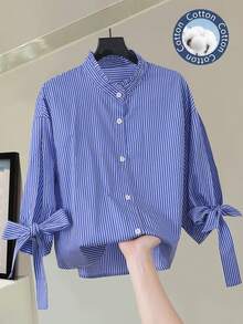 Airaco Bow Sleeve Striped 3/4 Sleeve Women Shirt - Multicolor - View 1