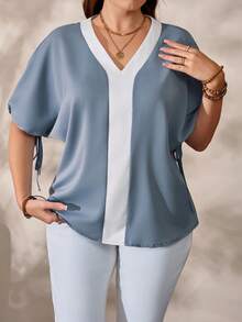 EMERY ROSE Women's Plus Size V-Neck Colorblock Mid-Sleeve Loose Straight Casual Blouse, Suitable For Spring/Summer, Fashionable And Comfortable For Daily, Work, Vacation And Home Wear Blue Tops Plus Size Light Blue Blouse V Neck Blouses For Women Business Casual Tops Woman Summer Work Top - Dusty Blue - View 6