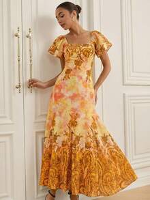 Aveloria Rosie 花卉印花竹节结领短袖收腰喇叭下摆优雅度假百搭女装 - 橘色 - 查看 1