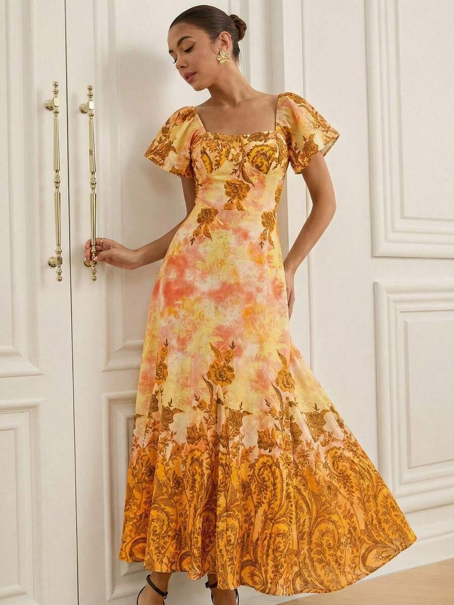 Aveloria Rosie 花卉印花竹节结领短袖收腰喇叭下摆优雅度假百搭女装 - 橘色 - 查看 1