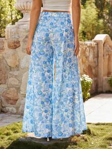KARISMINA Pantalones anchos y sueltos de mujer con estampado, para vacaciones de primavera/verano - Azul y blanco - Ver 2
