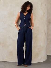 SHEIN Dark Washed Denim Fitted Vest And Wide Leg A Line Jean Set 2 Pieces Denim Sets Woman Suit Denim Outfit Women - Dark Wash - View 4