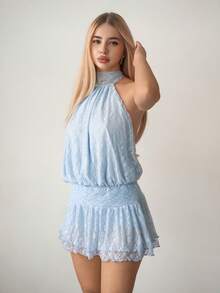 Sweetina 蕾丝花瓣袖露背迷你连衣裙 - 淺藍色 - 查看 6