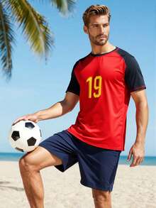 Palasendo Camiseta de protección solar de manga corta con estampado de dígitos para hombres - Rojo - Ver 3