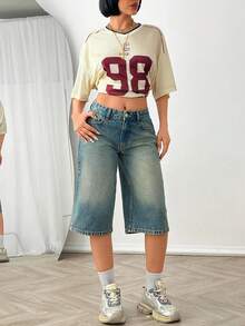 SHEIN 100% Cotton Low Waist Washed Denim Jort - Medium Wash - View 5