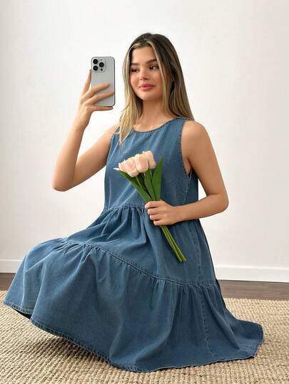 SHEIN 100% Cotton Women Sleeveless Denim Dress