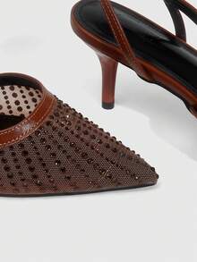 CUCCOO SZL Women's Shoes, Fashionable Light Gold Mesh Rhinestone Stiletto Pointed High Heels With Back Strap Disco Party Night Out Spring Shoes Spring Break Easter Prom Heels For Christmas Spring Shoes - dark coffee - View 3
